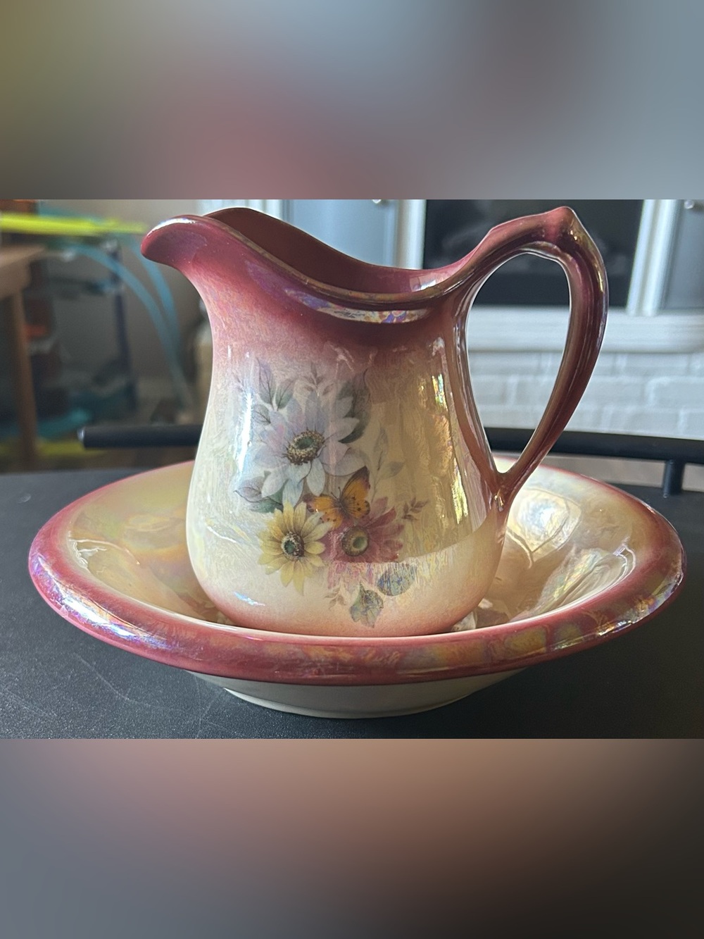 Vintage small ceramic wash basin and pitcher set,